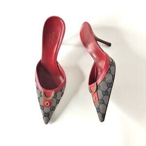 Vintage Gucci D Ring Monogrammed Red Pointed Toe Mules Pumps 37